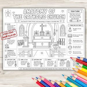 May include: A black and white educational coloring sheet titled Anatomy of the Catholic Church, featuring a line drawing of a church interior with numbered parts, descriptive text boxes, and a set of colored pencils in the foreground.