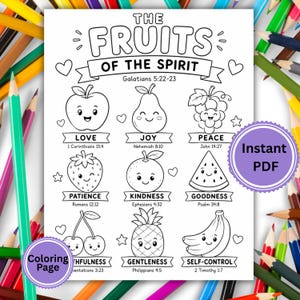 Puede incluir: Página para colorear en blanco y negro titulada "Los frutos del Espíritu" con ilustraciones de frutas que representan virtudes. Incluye texto de Gálatas y otros versículos bíblicos. Presenta etiquetas "PDF instantáneo" y "Página para colorear".
