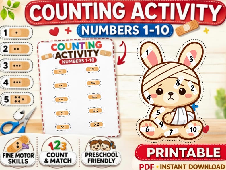 Bunny Counting Activity, Fine Motor Skills, Numbers 1-10, Preschool ...
