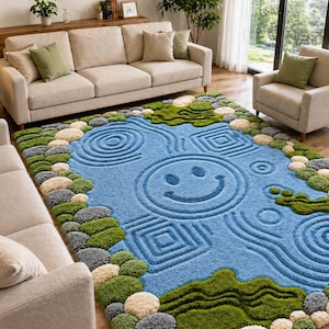 Alfombra de lana tejida a mano: Alfombra moderna abstracta con carita sonriente azul