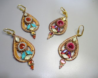 Tutorial - Contessa Earrings - Delica, Navette, Bicones,seed beads & Gold plated drop - Brick Stitch