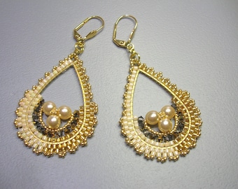 Tutorial - Indira Earrings - Delica, Pearls, Bicones,seed beads & Gold plated drop - Brick Stitch beading tutorial