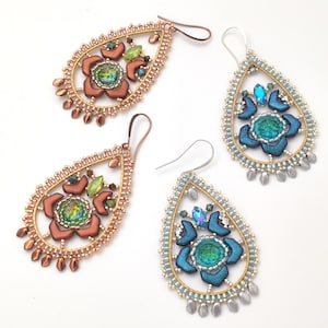 May include: A pair of teardrop-shaped earrings with intricate beaded designs. One pair features a copper-toned design with green and iridescent accents, while the other pair features a silver-toned design with blue and iridescent accents.