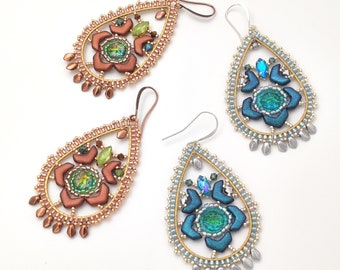 Tutorial - Taj Mahal Earrings - Delica, Navette, Bicones, Chevron, Baroque, Crystals & Gold plated drop - Brick Stitch beading tutorial