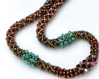Beading Tutorial -Alegra Spiral necklace - Bicone crystals, Cube beads, Seed beads, Natural colors, DIY, GIFT