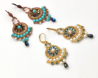 Tutorial - Victoria Earrings - Bicone Crystals, Pear bead, Brass hoop, Czech pearls & Japanese seed bead - Brick Stitch beading tutorial