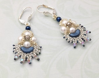 Tutorial - Paloma Blue Earrings - Delica, Pearls, Bicones, Arcos by Puca, seed beads  -Herringbone beading tutorial