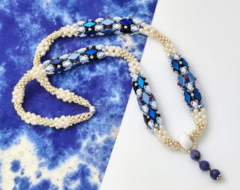 Beading Tutorial -Foliage necklace - Gemduo, bicone crystals, Navette beads, Ceramic bead, Pearls, O beads, Seed bead, Metal cup, Natural