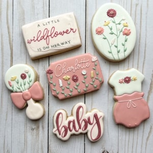 Personalized Wildflower Cookies- Pinks/white Decorated Sugar Cookies- A little wildflower is on her way