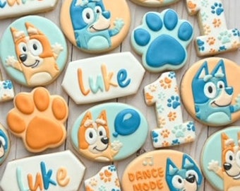 Personalized Bluey Cookies- Blue/ Orange Decorated Sugar Cookies