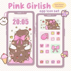 Söta rosa kawaii-appikoner | Estetiskt tema för iOS och Android | Pastellfärgade ikoner för hemskärmen | Coquette-bakgrundswidgets | Digital nedladdning