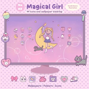 Puede incluir: Un conjunto de fondos de pantalla para escritorio titulado Magical Girl con 44 iconos dibujados a mano. La pantalla muestra un personaje rubio sobre una luna creciente amarilla con un gato negro, rodeado de degradados rosas, morados y estrellas.