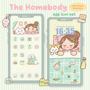 Paquete de iconos HomebodAy en tonos pastel / Tema estético para iOS y Android / Iconos de pantalla de inicio con gatos adorables / Descarga digital