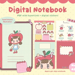 May include: A digital notebook with the text Digital Notebook, PDF with hyperlinks + digital stickers, hand drawn illustration, and Apple girl digi notebook. The design features a character wearing an apple hat, worms, and apple-themed stickers.