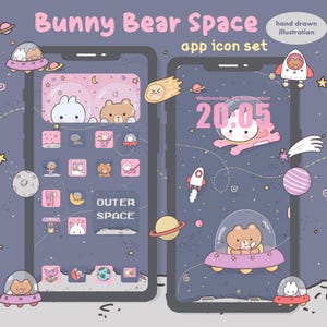 May include: A digital app icon set titled Bunny Bear Space featuring hand-drawn illustrations of cartoon bunnies and bears in space. The set includes various icons and wallpapers displayed on two smartphones with a purple cosmic background.