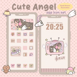 Puede incluir: Ilustración digital de un conjunto de iconos de aplicación "Cute Angel" en una pantalla de teléfono. El conjunto incluye iconos con alas de ángel, notas musicales y una chica con auriculares. El fondo es rosa claro con patrones de estrellas.