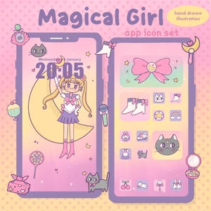 Puede incluir: Una ilustración digital de dos teléfonos inteligentes que muestran un conjunto de iconos de aplicación Magical Girl. Las pantallas presentan un personaje de cabello rubio, una luna creciente, un lazo rosa y varios iconos pequeños en tonos pastel.