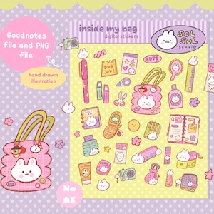 May include: A digital sticker set titled inside my bag featuring hand-drawn illustrations of a pink tote bag with a white rabbit face, a pen, a notebook, a flip phone, a camera, a mirror, a ruler, and various stationery items in pastel colors.