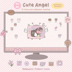 Puede incluir: Un monitor de computadora que muestra un tema de escritorio rosa con el texto "Cute Angel" y "41 iconos y fondo de pantalla de escritorio". La pantalla presenta un ángel de dibujos animados en un televisor rosa, junto con iconos y elementos decorativos.
