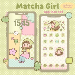 Hand Drawn Matcha Girl App Icons | Pink Green Kawaii iPhone Pack (Digital Download)