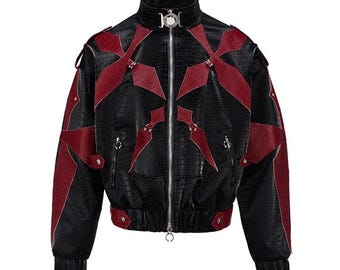 Japanese Crocodile Print Patchwork Leather Jacket