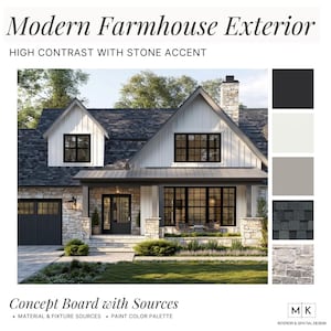 Puede incluir: Un exterior de casa de campo moderno con un esquema de color blanco y gris. La casa tiene un techo negro, ventanas negras y una pared de acento de piedra. El texto "Modern Farmhouse Exterior" y "High Contrast with Stone Accent" se muestra en la parte superior de la imagen. Una paleta de colores se muestra en el lado derecho de la imagen.