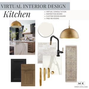 May include: A kitchen design inspiration board with a variety of finishes and materials. The board includes a black and white marble countertop, a black cabinet, a wood cabinet, a gold faucet, a gold light fixture, and a rug. The text "VIRTUAL INTERIOR DESIGN Kitchen" is at the top of the board.