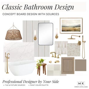 Panel de diseño de baño principal neutro / Plano de remodelación prediseñado con lista de compras / Descarga instantánea / Panel de diseño / Enlaces de productos