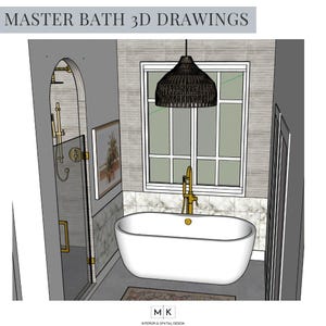 Puede incluir: Representación 3D de un baño principal con una bañera blanca, accesorios dorados, una lámpara colgante de tejido y una impresión enmarcada de palmeras. El baño tiene una ducha con una puerta de vidrio y una ventana con marco blanco.