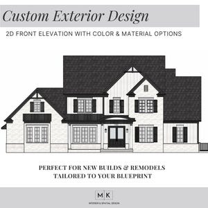 May include: Architectural rendering of a two-story house with a black roof, white brick exterior, and black shutters. The image includes text that reads "Custom Exterior Design" and "2D Front Elevation with Color & Material Options."