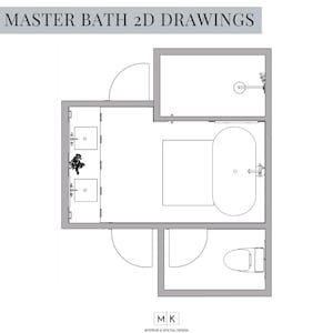 May include: A top-down 2D drawing of a master bathroom layout. The design includes a bathtub, shower, double vanity, and toilet. The text "MASTER BATH 2D DRAWINGS" is at the top. The design is in black and white.