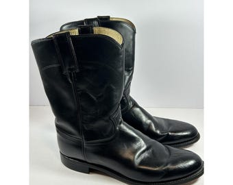 Vintage Justin Men 10D 3133 Black Leather Cowboy Boots Roper Western Round Toe