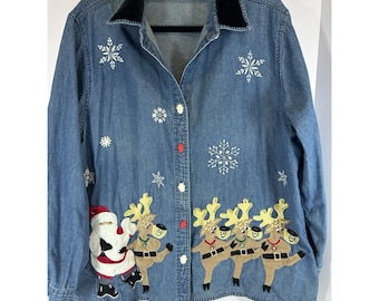 Dressbarn Denim Christmas Button Up Shirt Sz 18/20 W/ Velvet Collar Grandma Core