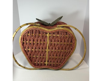 1970s Handwoven Apple Shaped Rattan Picnic Basket With Bamboo Trim