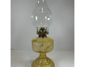 Vintage Large Textured Amber Glass Oil Lamp With Chimney 18"