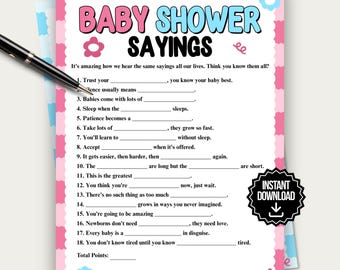 Baby Shower Sayings Game, Fun Girl Boy Baby Shower Game, Group Baby Shower Trivia Quiz, Blue Pink Baby Shower Activity Party Icebreaker