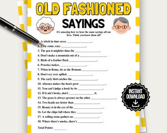 Old Fashioned Sayings Game, Senior Word Match, Printable Elderly Game, Nostalgia Quiz, Memory Game for Seniors, Senior Party Activity