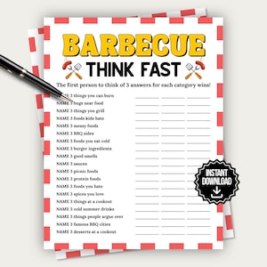 May include: A white game sheet with a red and white checkered border featuring the text BARBECUE THINK FAST and a list of categories to fill in. The sheet includes illustrations of sausages on forks and a black badge labeled INSTANT DOWNLOAD.