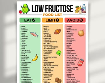 Low Fructose Food List Printable, Low Sugar Food List, Digestive Health Food Poster, Low Fructose Diet Chart, Fructose Intolerance Diet PDF