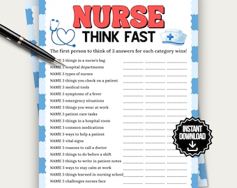 Nurse Think Fast Game, Fun Group Nurse Game for Medical Party, Nurse Party Think Quick, Nurse Week Activity, Retirement Nurse Medical Game