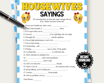Funny Housewives Sayings Game, Fun Printable Fill in the Blank Party Game for Ladies Night, Girls Night Game, Bachelorette Game Trivia Quiz