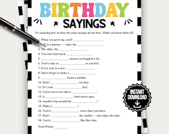 Birthday Sayings Game, Fun Birthday Party Game for Adults, 60th Birthday Game, 90th Birthday, 50th Birthday, 80th Birthday, 40th Birthday