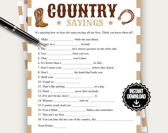 Country Sayings Game, Fun Printable Group Country Theme Party Game, Country Trivia Quiz, Country Game, Birthday Party Game, Western Activity