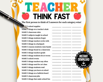 Teacher Think Fast Game Printable, Teacher Appreciation Party Game, School Staff Think Quick Game, Fun Classroom Activity for Teachers