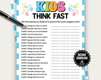 Kids Think Fast Game Printable, Fun Think Quick Game for Kids, Kids Party Game, Family Game Night Activity, Printable Kids Games