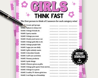Girls Think Fast Game, Fun Printable Party Game for Girls Night Game, Ladies Night Game, Girls Birthday Sleepover Game, Slumber Party Game