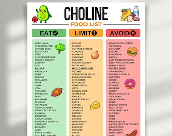 Choline Food List Printable PDF, High Choline Foods Chart, Low vs High Choline Diet Food List, 3 Column Grocery List