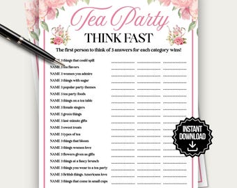 Tea Party Think Fast Game, Tea Time Party Game for Adults & Kids, Garden Tea Party Activity, Bridal Shower Game, Girls Tea Party Game