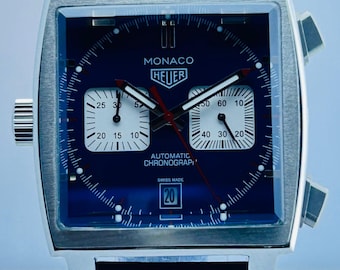 Men's Vintage TAG HEUER Monaco Chronograph Date Blue Dial Wristwatch