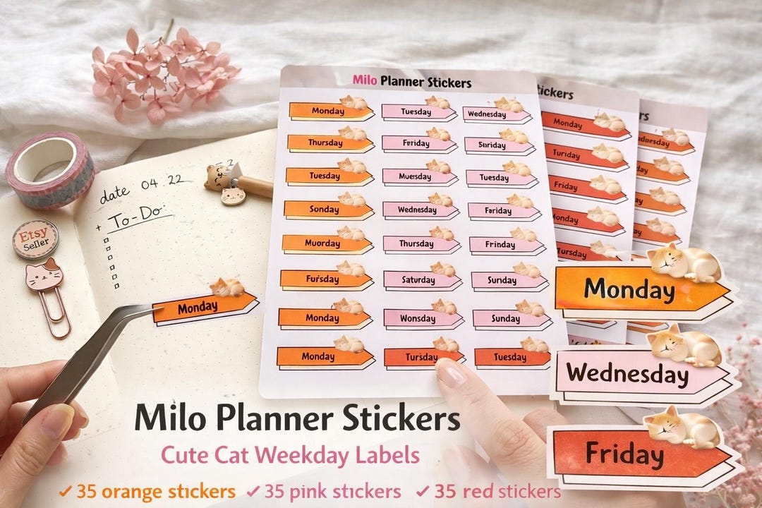 Cute Cat Planner Stickers Bundle | 90 Digital Planner Stickers | Pink ...